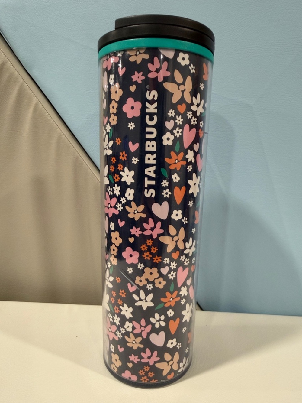 Starbucks Floral Plastic Tumbler - Navy with Pink & Peach Flowers